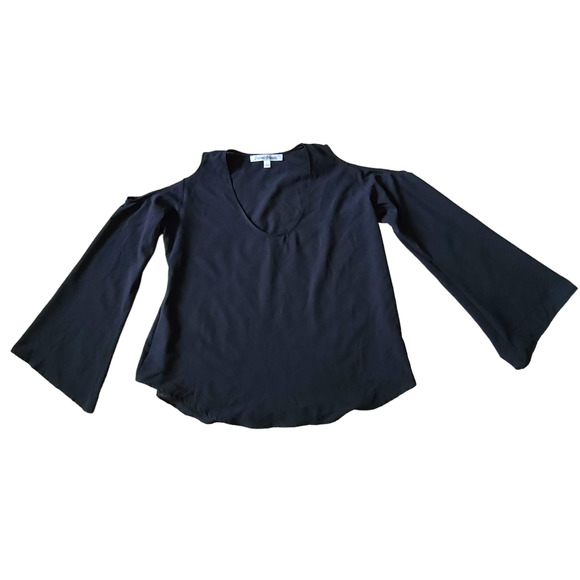 LOVERS + FRIENDS Black Bell Sleeve Cold Shoulder Top Blouse Scoop Neck Large - Picture 2 of 12